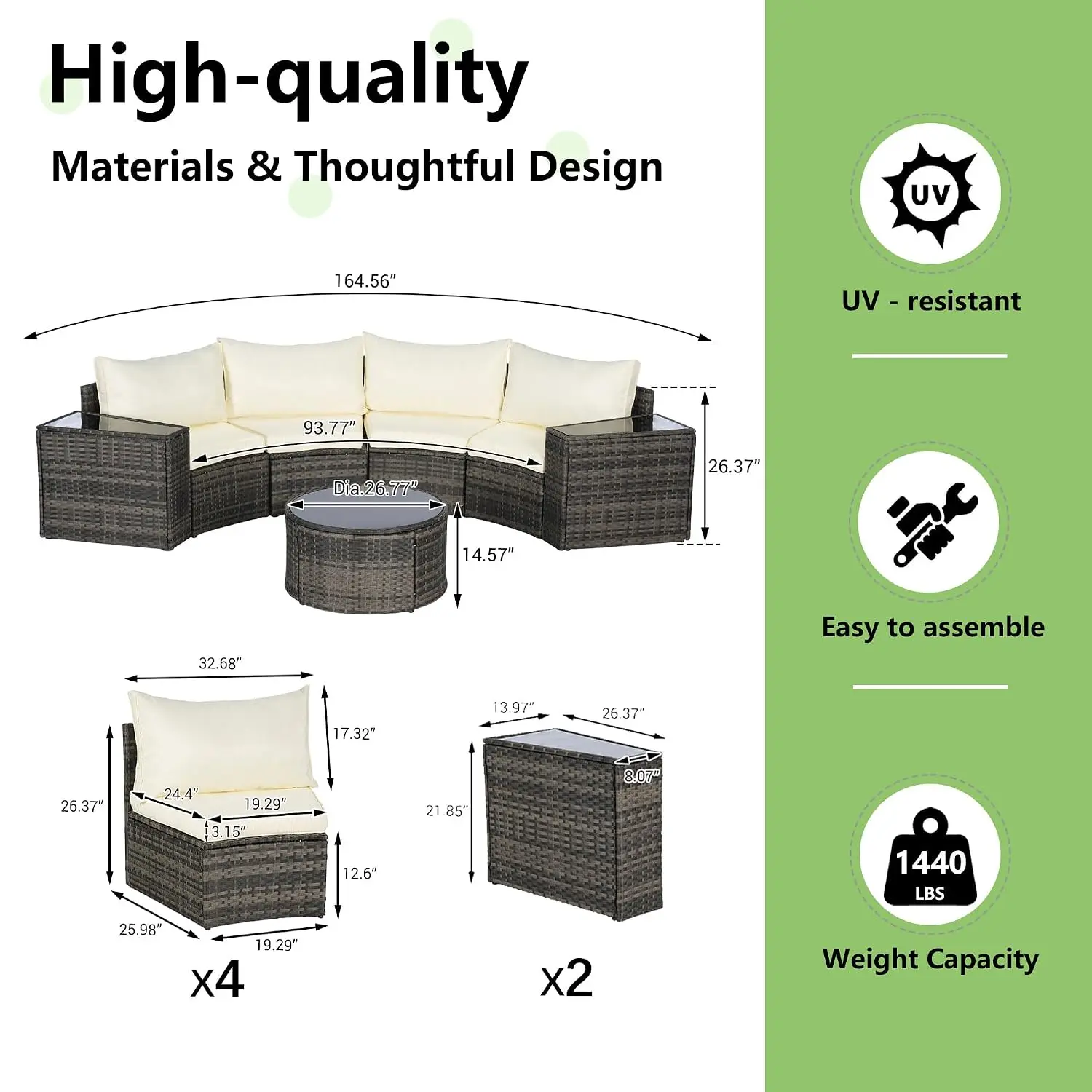 Outdoor Patio Half-Moon Furniture Set 7-Piece Sectional Round Patio Sofa Set,Wicker Curved Conversation Set with, Customized