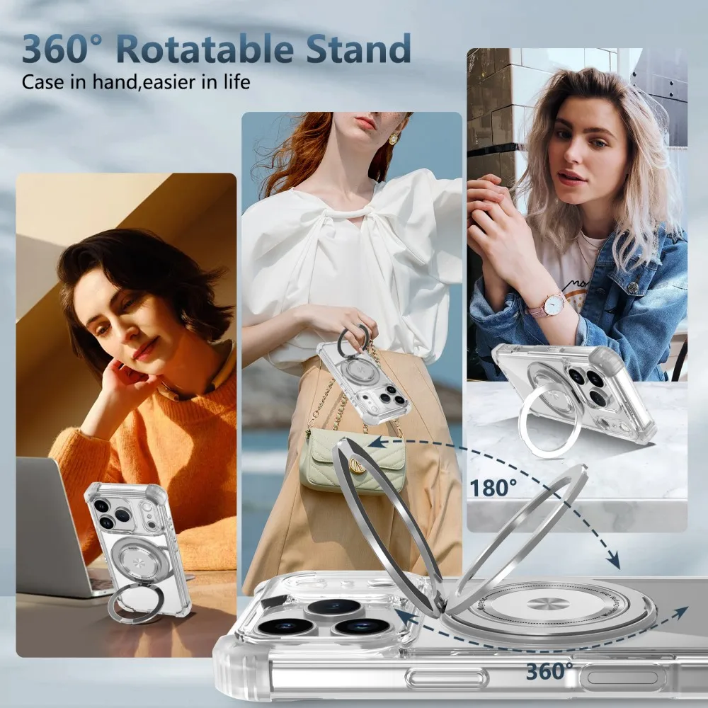 iPhone 17 Pro Max/17/Air/17 Pro Max用 透明 マグネット式 360°保護ケース ° 回転金属リングカーホルダー落下防止ケース Fundas