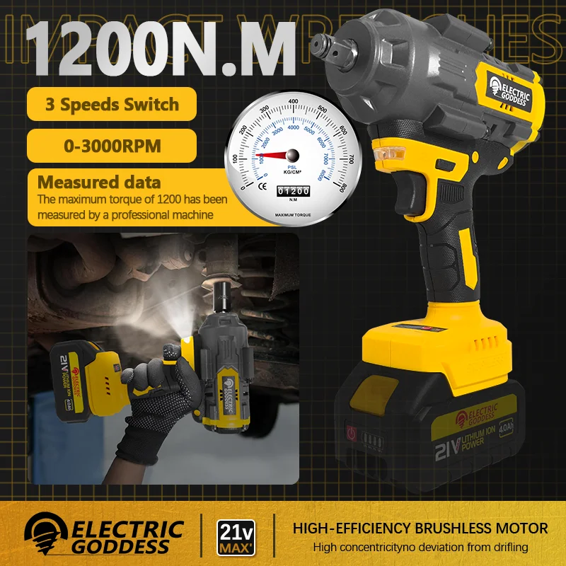 

Electric Goddess 1200N.M Torque Brushless Electric Cordless Impact Wrench Car Wheel Repair Power Tools For Makita 18V Battery