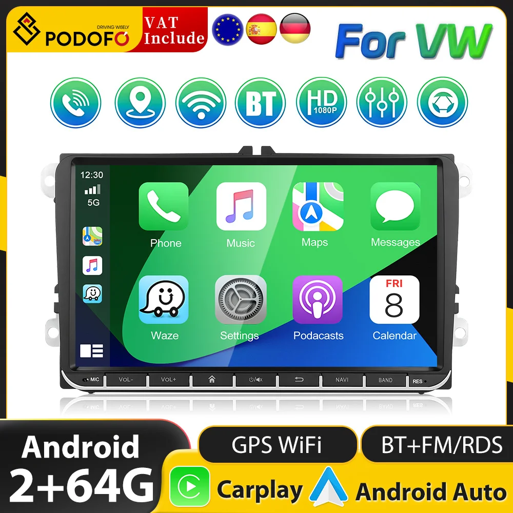 Podofo Android 13 Carplay Car Radio Stereo 9 inch High Definition GPS Navigation USB Player for VW Seat Golf Passat Jetta 64G