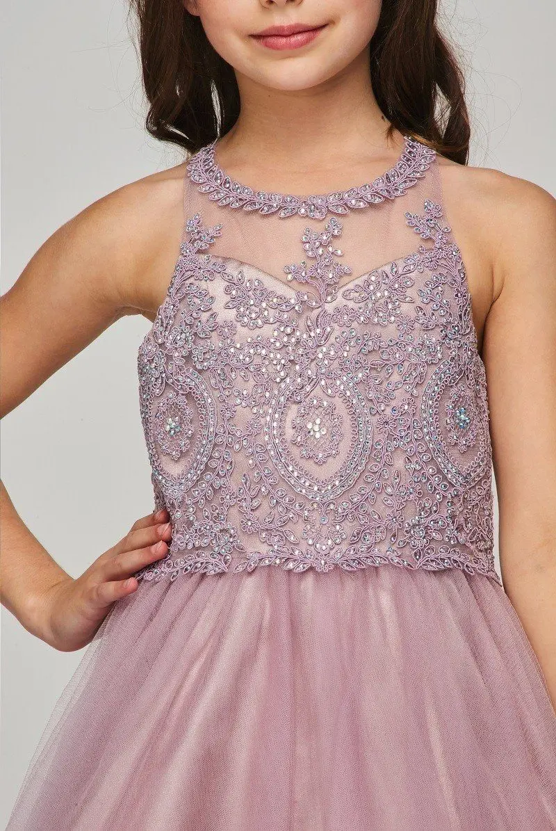 Elizabeth Beaded Lace Appliqué 3D Butterfly Short Sleeveless A-Line Dress Flower Girl Junior Bridesmaid Pageant Damascus Palace