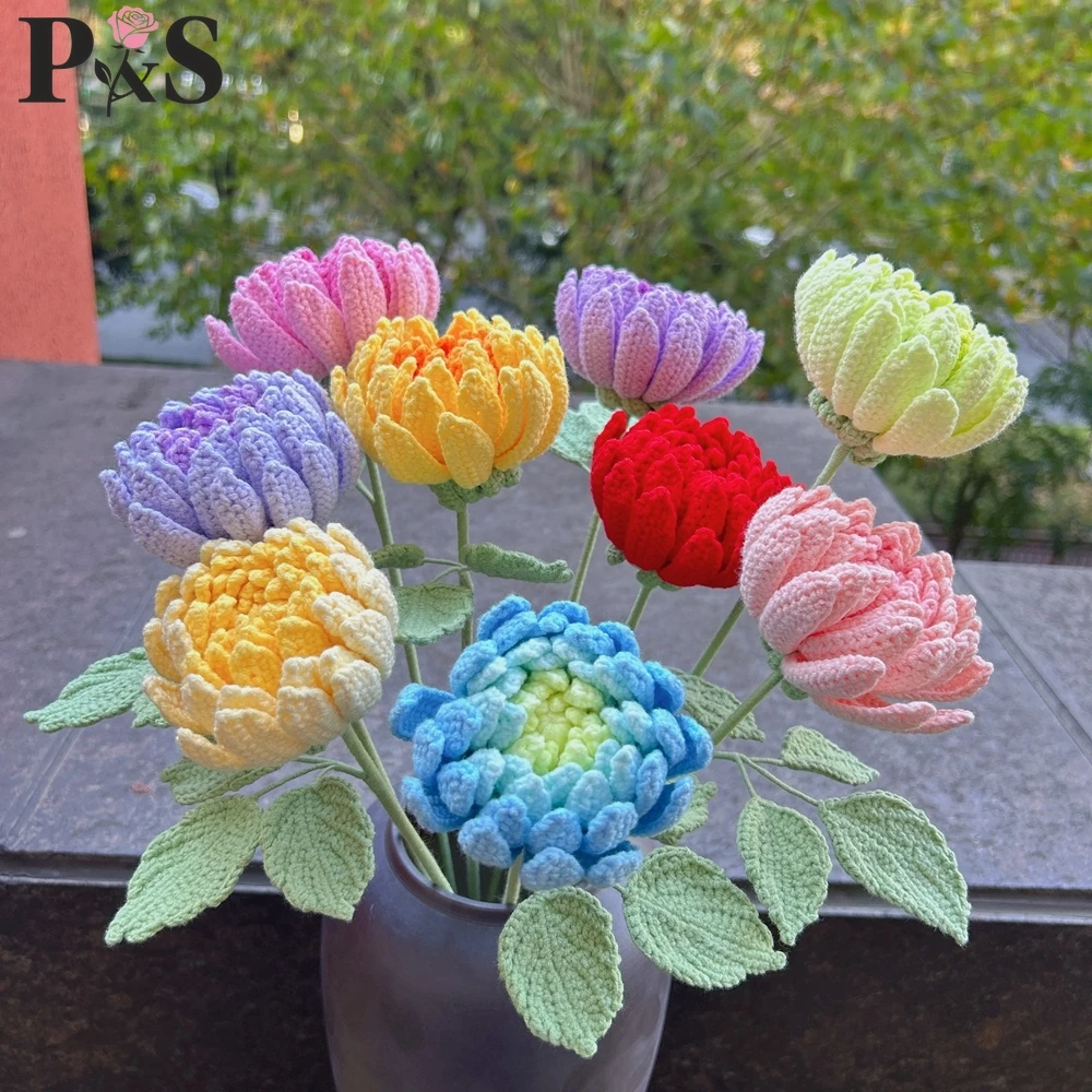 Dahlia gehaakte bloemen handgemaakte luxe roze paars kunstmatige gebreide bloemen thuis bruiloft decoratie diy boeket voor geschenken - afbeelding 2