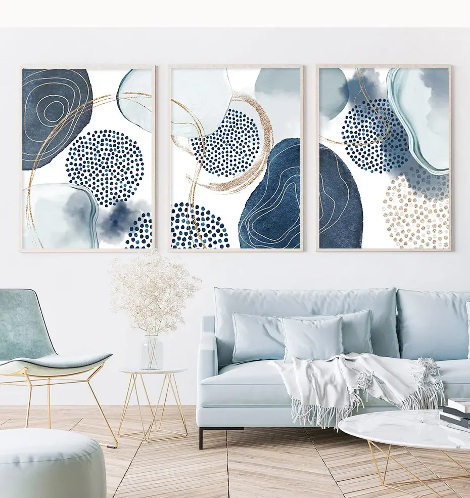 Scandinavian Abstract Wall Art Watercolor Painting Blue Gold Geometric Shapes Poster Print Home Bedroom Living Room Decoration