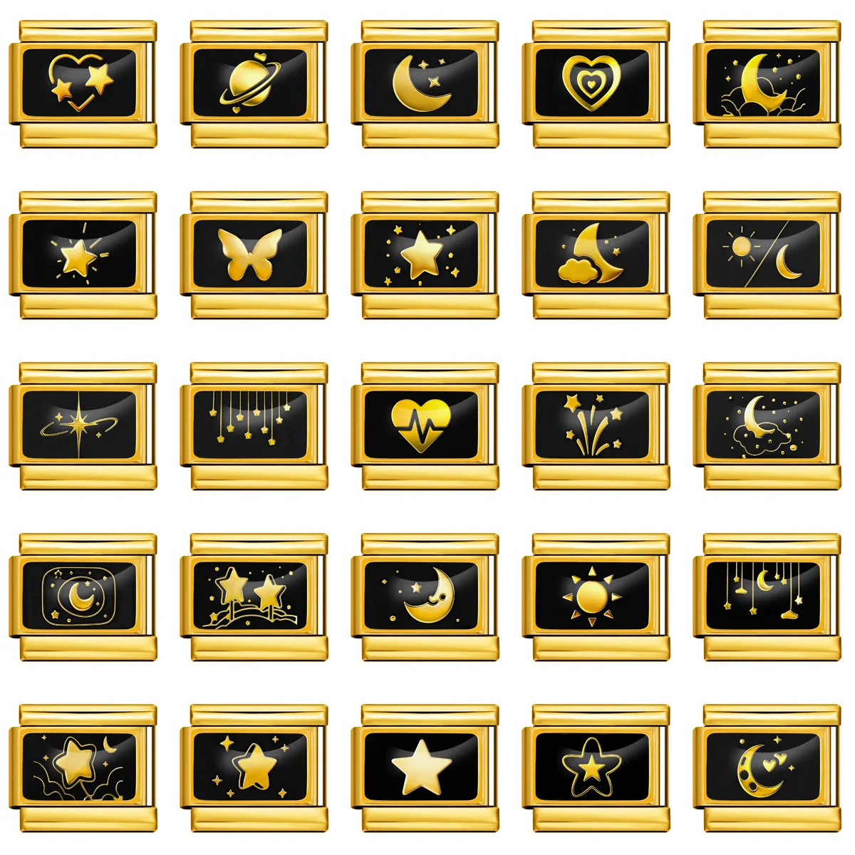 Black Background Golden Star Moon Sun Picture DIY Charm fit Italian Splicing Stainless Steel Bracelet Handmade Module Accessory
