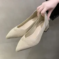 Elegant Knitted Pointed Toe High Heel Shoes Breathable Fly Knit Thick Heel Summer New Style Cross Border Large Size Single Shoes