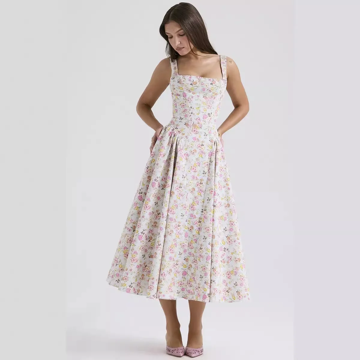 Summer new floral camisole long dress with exposed back print elegant French dress temperament large swing dress2024