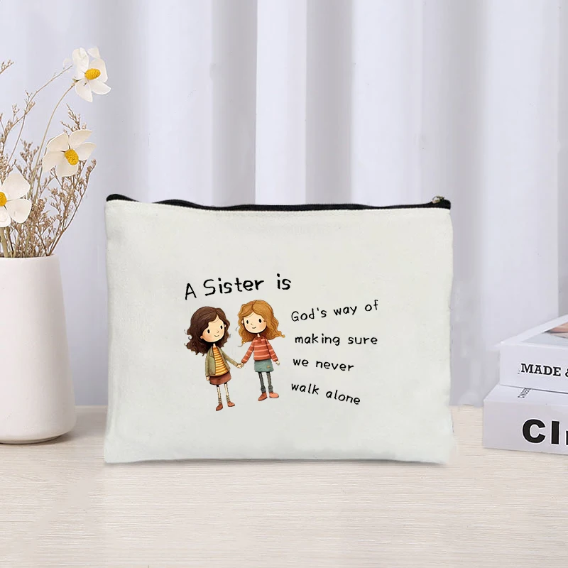 Sister Theme Cosmetic Bag Cute Cartoon Print Pouch Zipper Makeup Organizer Daily Storage Bag Sister Gift for Graduation Birthday