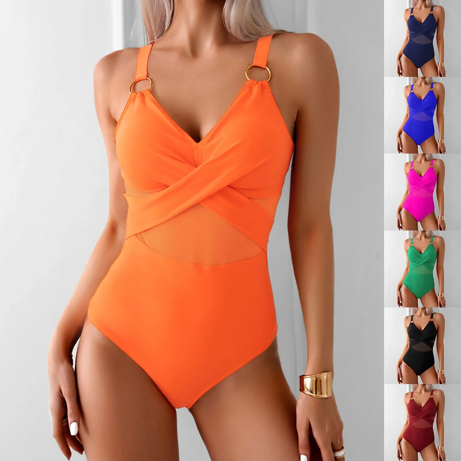 Strój kąpielowy z ochroną UV, damski, modny i seksowny, z paskiem na szyję, bez rękawów, jednolity kolor, trójkątne majtki, bez ramiączek, koronkowe bikini.