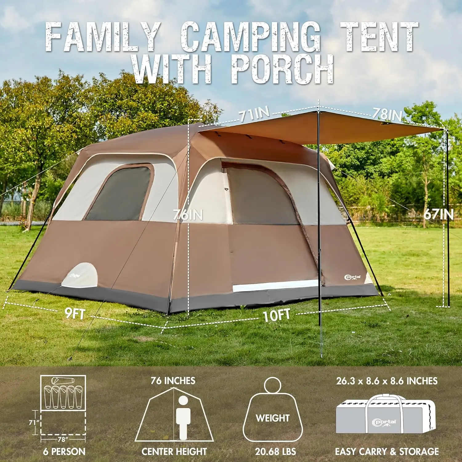 Person Family Camping Tent with Porch, Big Family Camping Tent with Tall Height, Good Ventilation, Water Resit