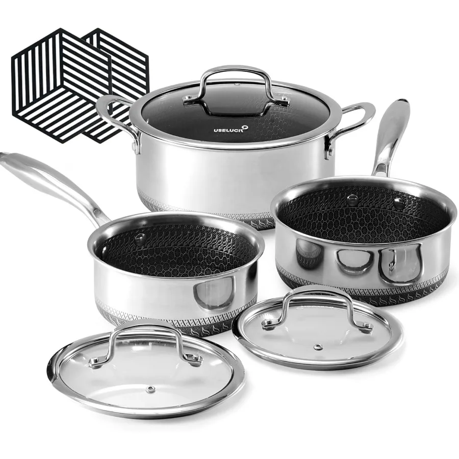 

Hybrid Nonstick 6Piece Pot Set with 2 Silicone Trivets for Efficient Cooking on All Cooktops Includes 1.5 QT Sauce Pan 2 QT and
