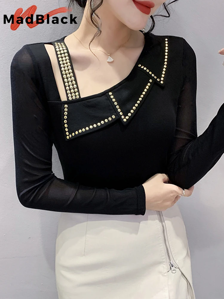 

MadBlack New Long Sleeves TShirts Sexy Rivet Hollow Out Tshirt All-match Tees Black Women's Bottoming Tops Autumn Winter T29501S