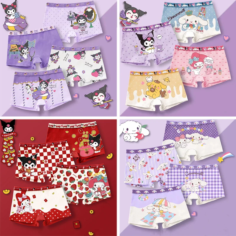 4pcs Sanrio Children's Class A 100% Cotton Underpants My Melody Kuromi Cinnamoroll Girls Breathable Boxer Brief Underpants