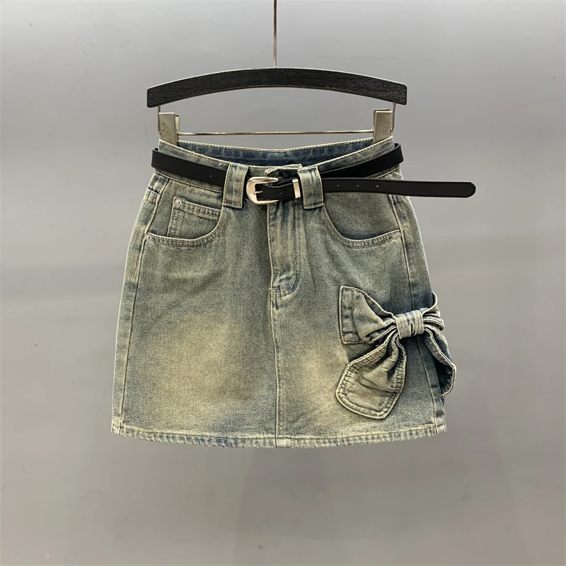 [Zoci] Blue Bow Denim Frauen 2024 Sommer neue High Taille Mädchen A-Linie Hüfte umarmen kurzen Rock