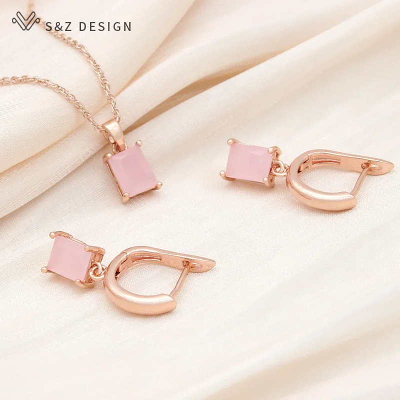 S&Z DESIGN New Fashion Rectangle Cubic Zirconia Drop Earrings Jewelry Sets For Women Elegant Wedding Pendant Necklace Gift