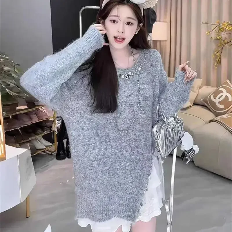 女性用ラウンドネックウールセーター,ソフトニットセーター,ルーズカシミヤジャンパー,パールスリット,韓国ファッション,秋冬