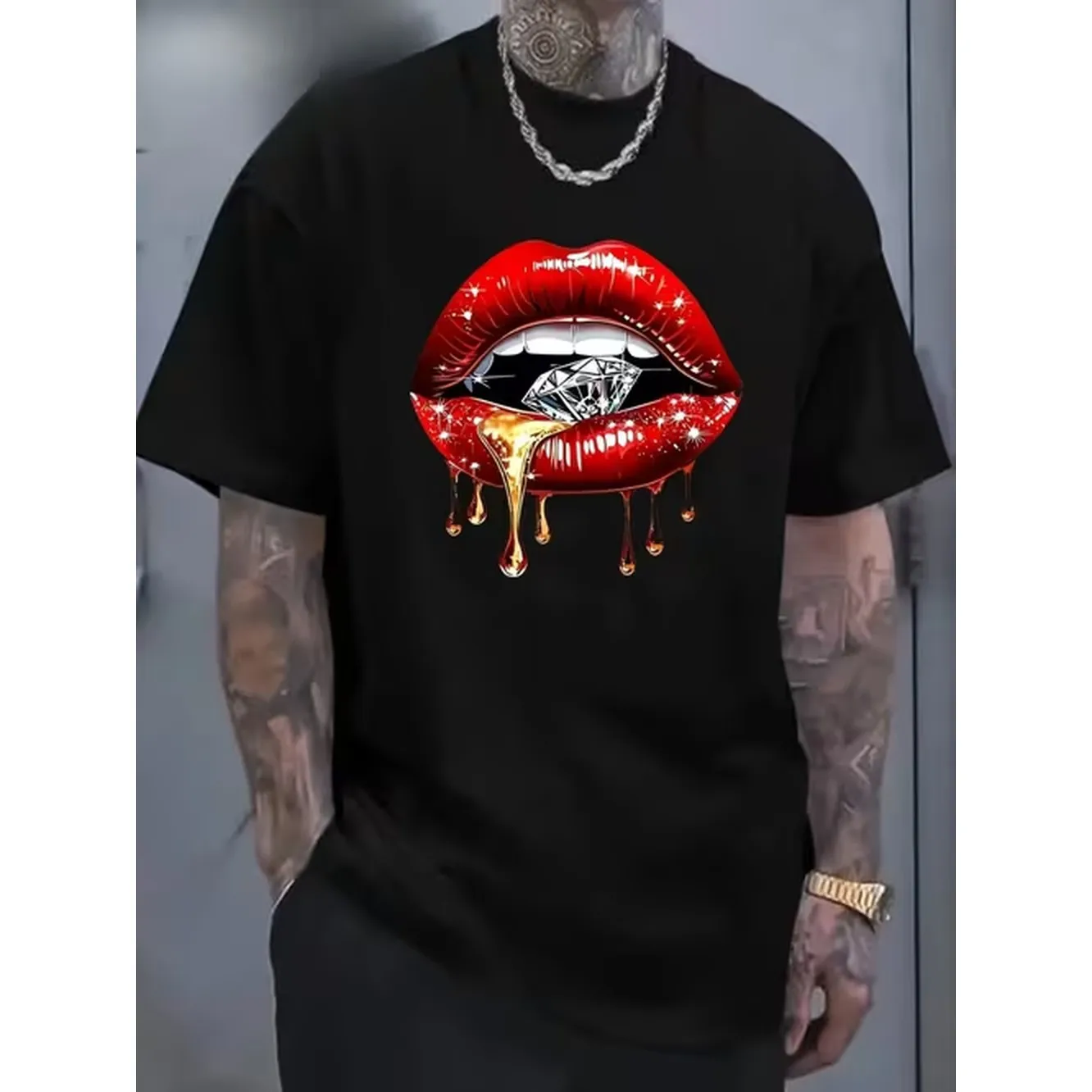 Red Lips Diamond Graphic T Shirt Breathable Moisture Wicking Fabric Regular Fit Round Neck Short Sleeve Tee For Casual Streetwear Season Beach Outfit Print Able Material Printed Shirt