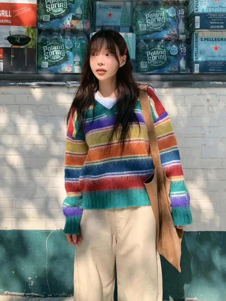 

Autumn Winter New Fashion Rainbow V Neck Sweater Autumn/winter O Neck Long Sleeve Pullover Knitted Tops Women's Clothing Korean