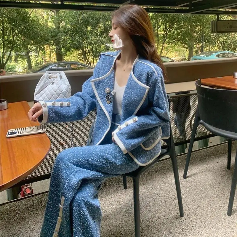 

Korea Trouser Jacket Suits Women'S Fashion Ladies Blue Lapel Coat + Long Wide-Leg Pants Two-Piece Sets Female