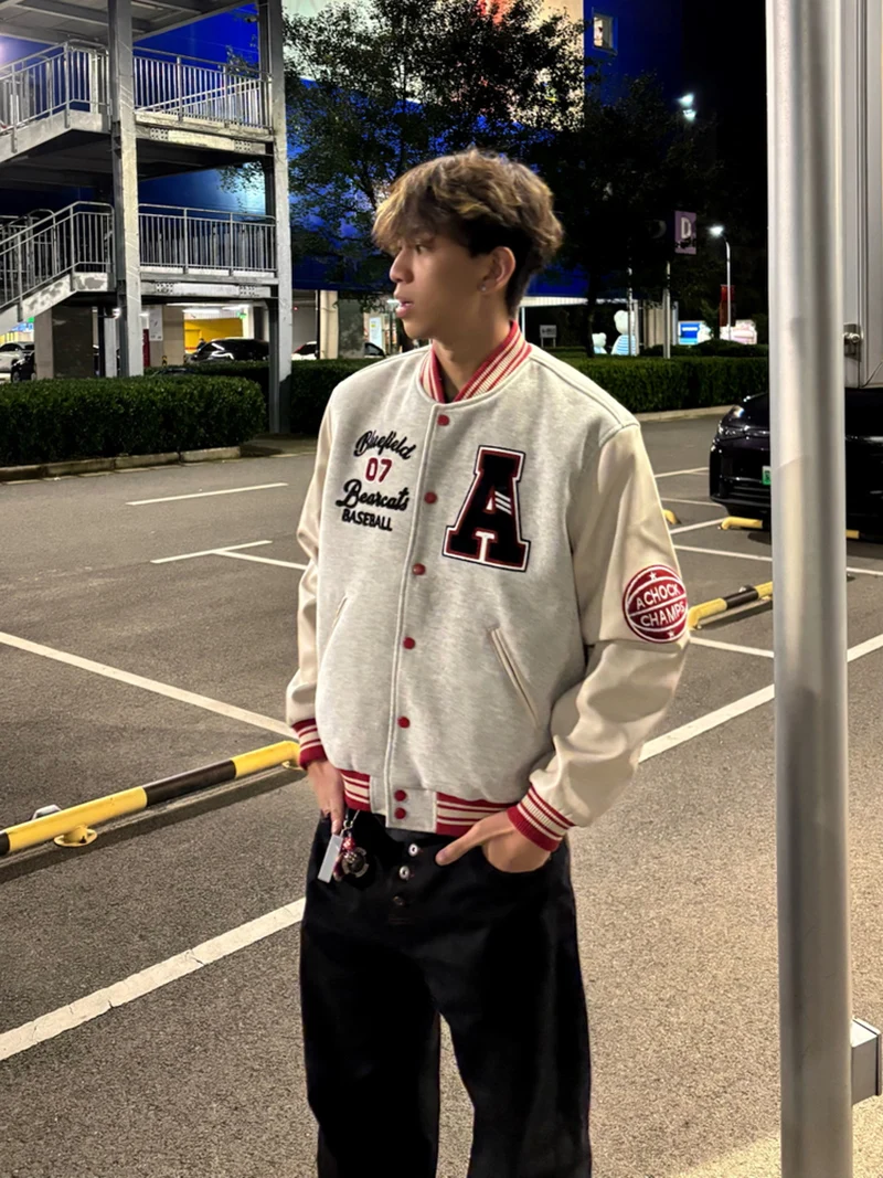 

Ретро-американская бейсбольная куртка в стиле колор-блок, мужская хлопковая куртка, повседневная, свободного кроя, с длинными рукавами, осенне-зимняя, новый тренд