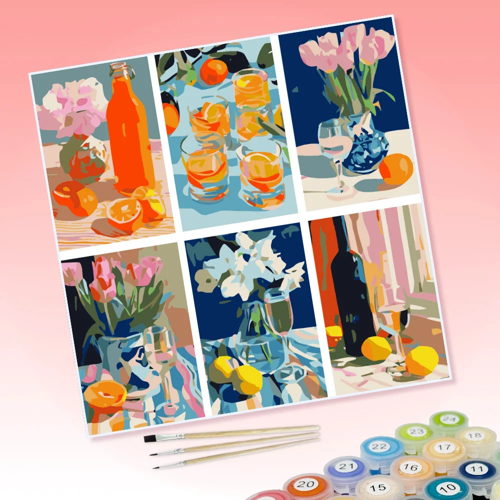6 Stücke DIY-Malereien mit blühenden Blumen und Getränken, voller Lebensfreude, geeignet für die Wanddekoration zu Hause. – Detail 1