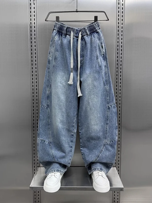 

Extra Large 300 Pounds Summer Vintage Patchwork Jeans Men's Trendy Loose Drapey Drawstring Straight Blade Pants Casual Wear