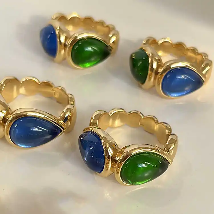 Europe Designer Blue Green Glazed Brass Plated 24K Gold Vintage Ring Women Top Quality Luxury Jewelry Trend