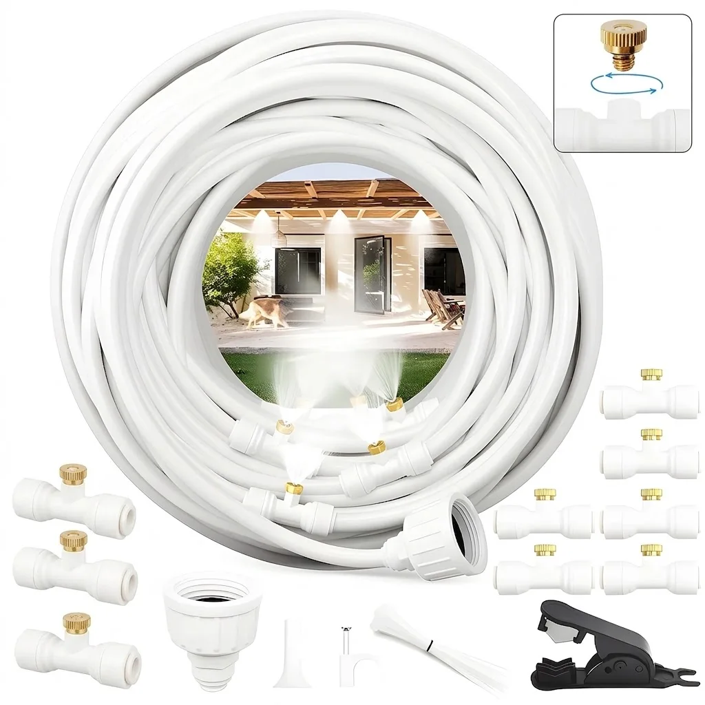 Cooling Outdoor Misting System White Mist Hose Brass Adapter 3 4 Inch for Umbrella Canopy Backyard Garden Patio Decor