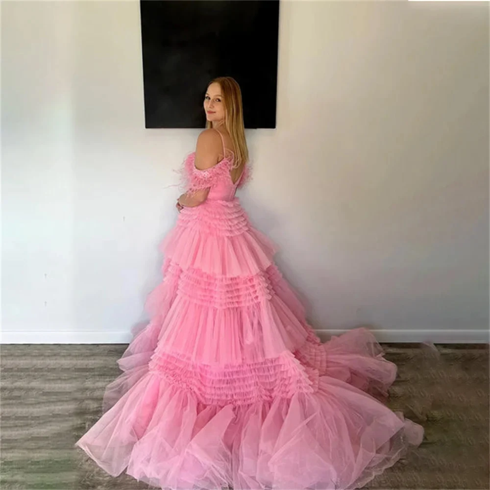 KSDN-vestido de espaguete rosa com penas para mulheres até o chão, vestido de baile de luxo até o chão, trem varredor, em camadas