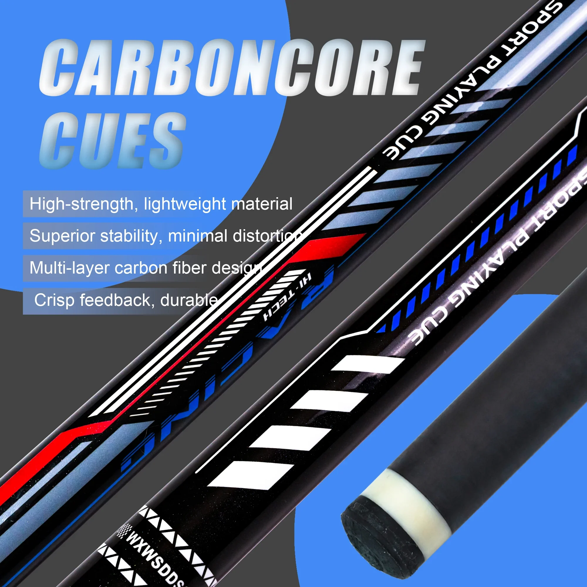 

WXWSDDSS 12.5mm Carbon Pool Cue - Low Deflection Shaft • Multi-Layer Tip • Quick-Release Stainless Joint • 58" Pro Cue