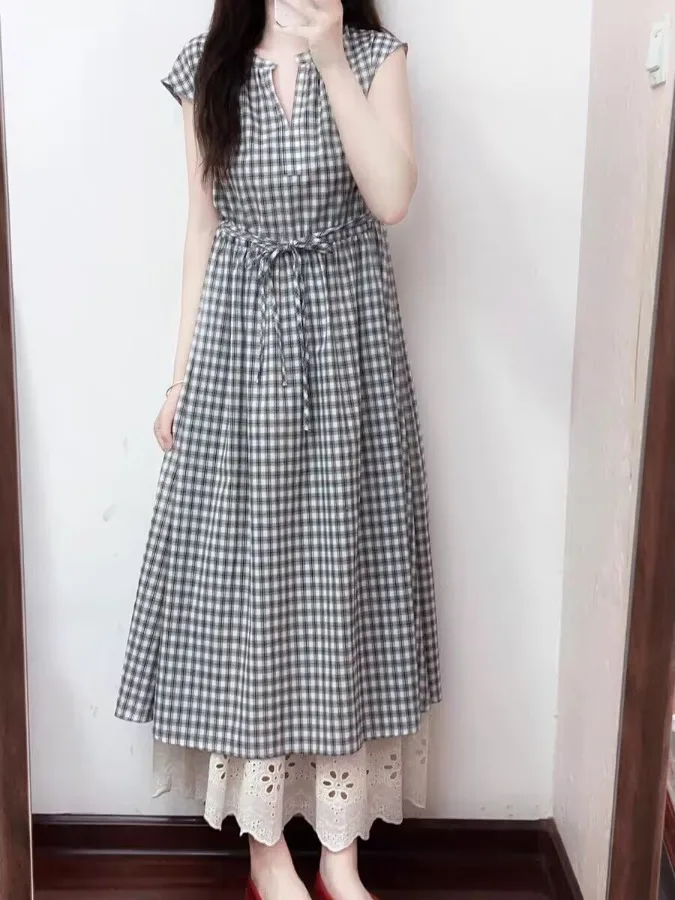 

Japanese Sle plus Size Summer Plaid Dr Loose Fitting Slimming Midi irt Dr Trendy Women's Clothing Casual Wear