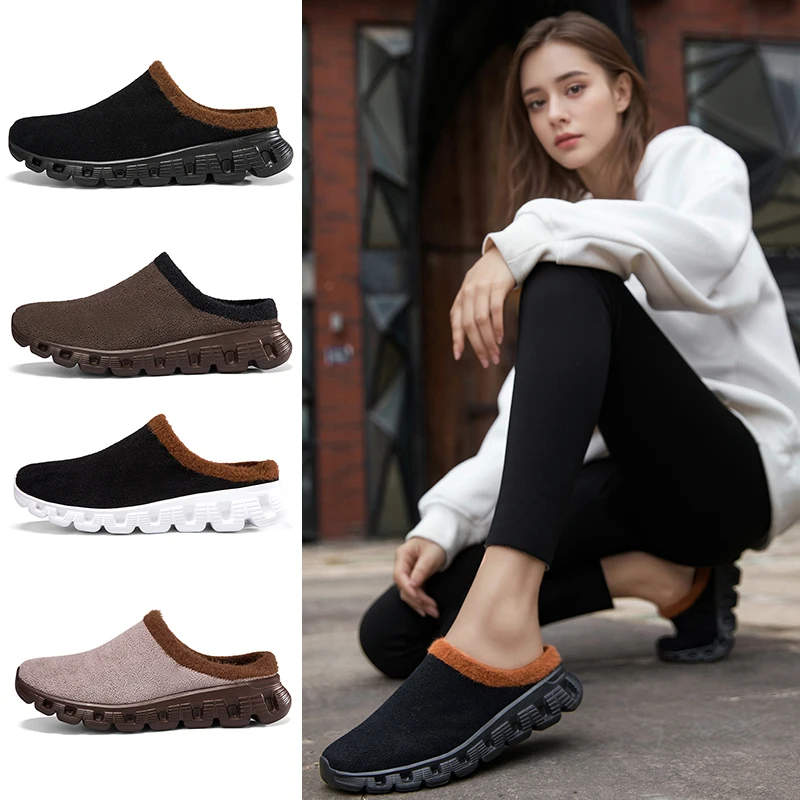 แฟชั่นฤดูหนาว Soft SLIP-ON สไลด์ Scuff Clogs Plush WARM 35 47 48 ขนาดใหญ่ผู้ชายแบนผู้หญิงรองเท้าแตะผ้าฝ้าย