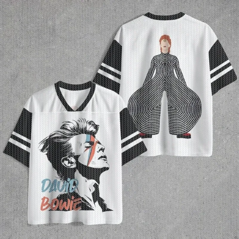 V Neck White Black Striped Mesh Jersey T Shirt Retro Rock Star Portrait Print Front Back Casual Streetwear Top
