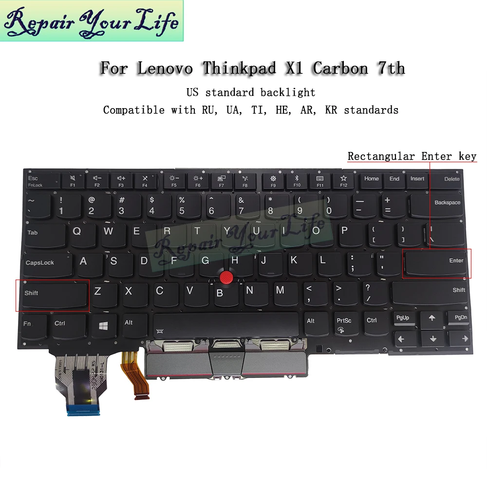 US EN-RU Backlit Keyboard for Lenovo ThinkPad X1 Carbon Gen 7th