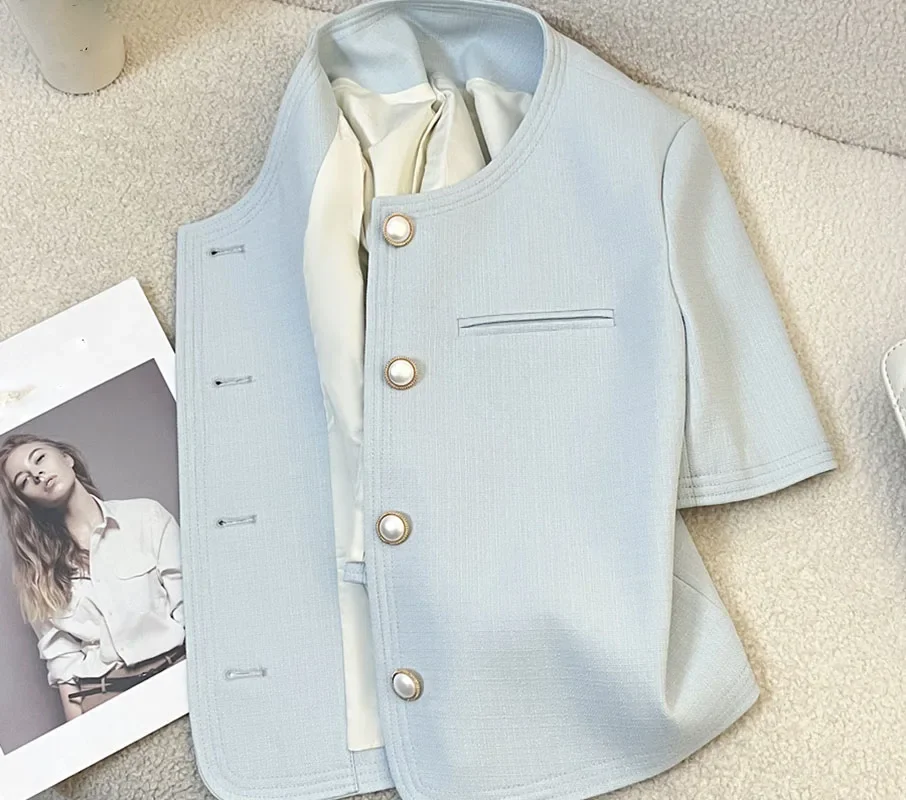 DW346+DL347New Women's Sky Blue Small Fragrant Short Sleeved Suit Jacket