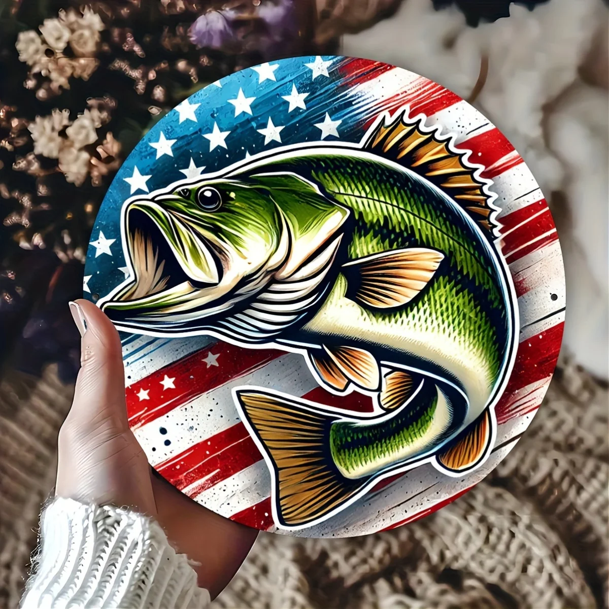 Letrero artístico grabado de papel de aluminio de pescado de lubina patriótico Vintage, decoración de estilo Retro de 8x8 pulgadas para dormitorio, cocina, comedor, Bar, 1 ud.