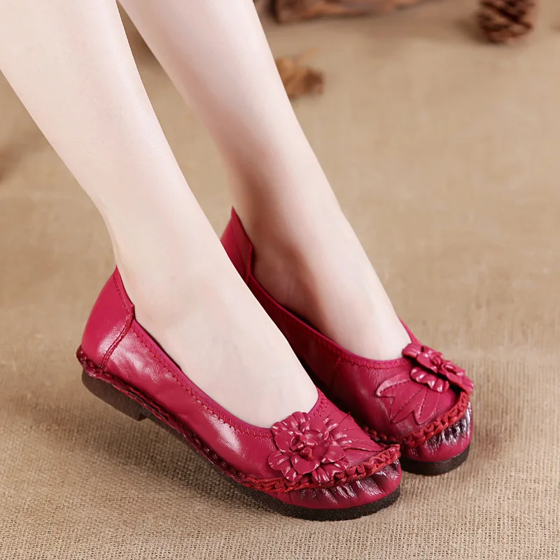 Xiuteng Genuine Leather Women Shoes Casual Flower Single Flat Round Toe Style Boat Shoes Soft Comfortable Women Flats 2021 New