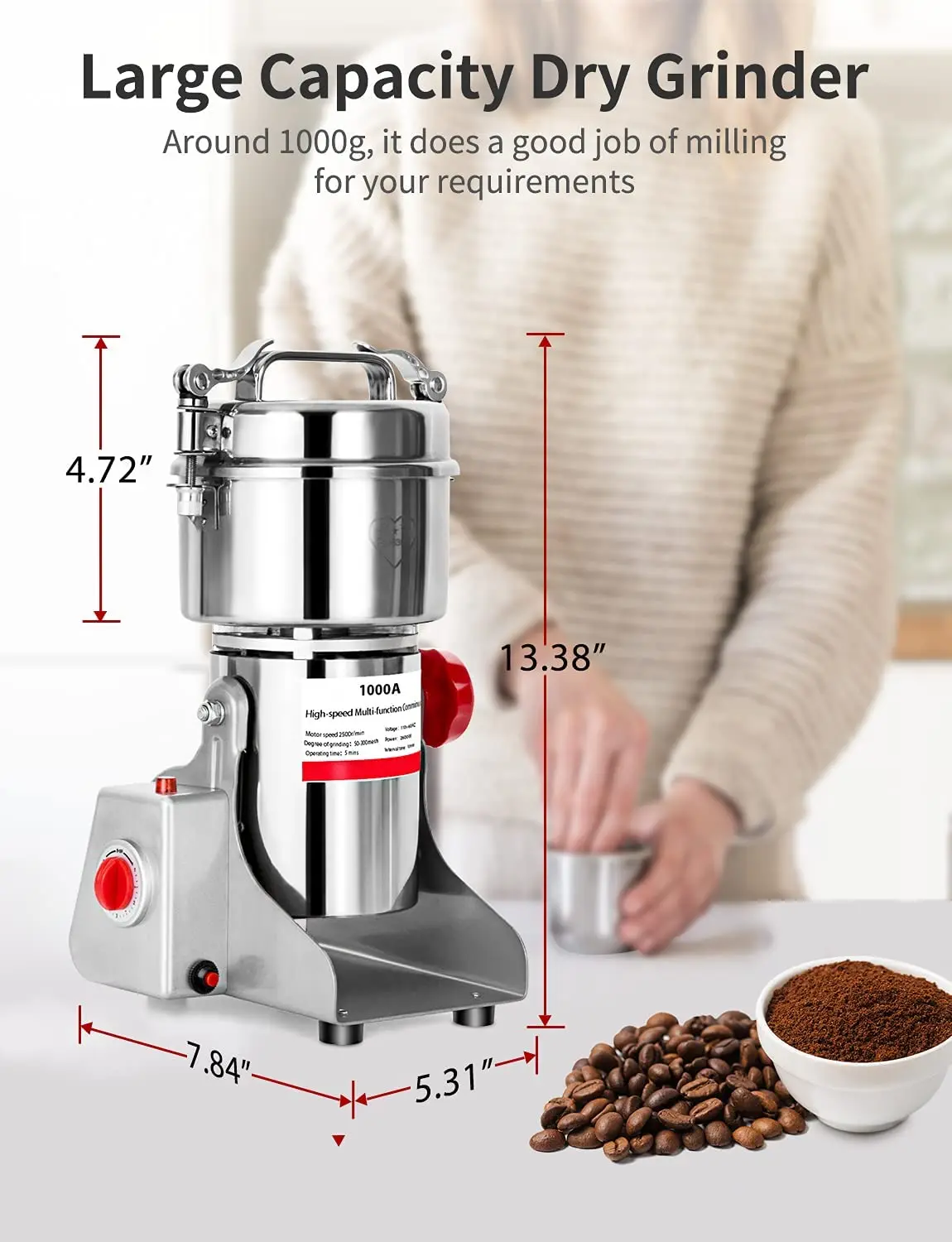 1000g Electric Grain Mill Grinder 2800W High Speed Powder Grinder Machine Stainless Steel Commercial Pulverizer for Pepper