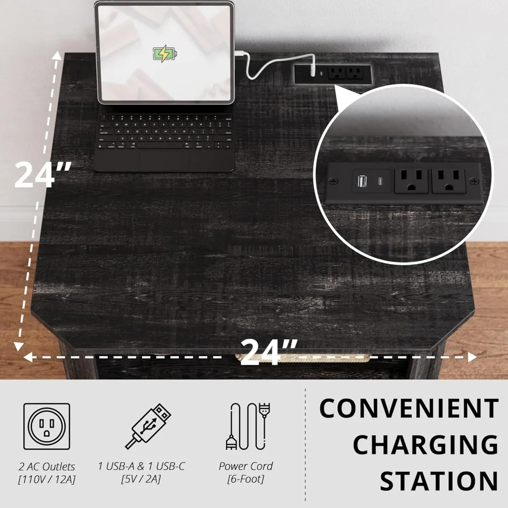 Farmhouse Style 23.4 Inch End Table with Charging Port, Large Drawers, Ideal for Bedroom, Charcoal