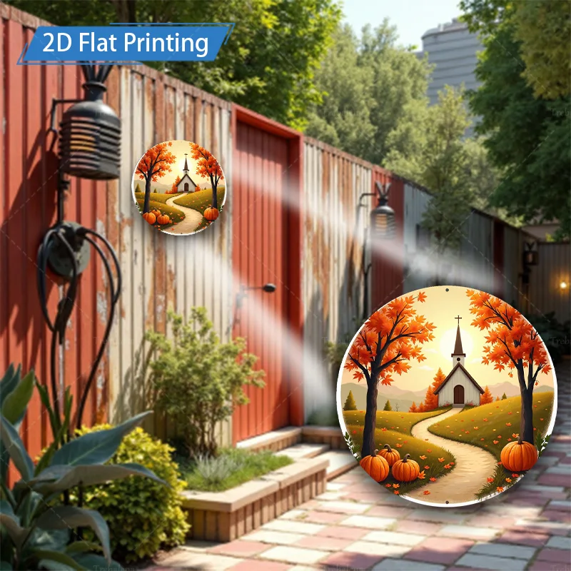 ป้ายโลหะ [2D FLAT] 1 ชิ้น ขนาด 8x8 นิ้ว ลายฉากโบสถ์ฤดูใบไม้ร่วง งานศิลปะตกแต่งผนังโลหะพิมพ์ลายแบบแบน 2D