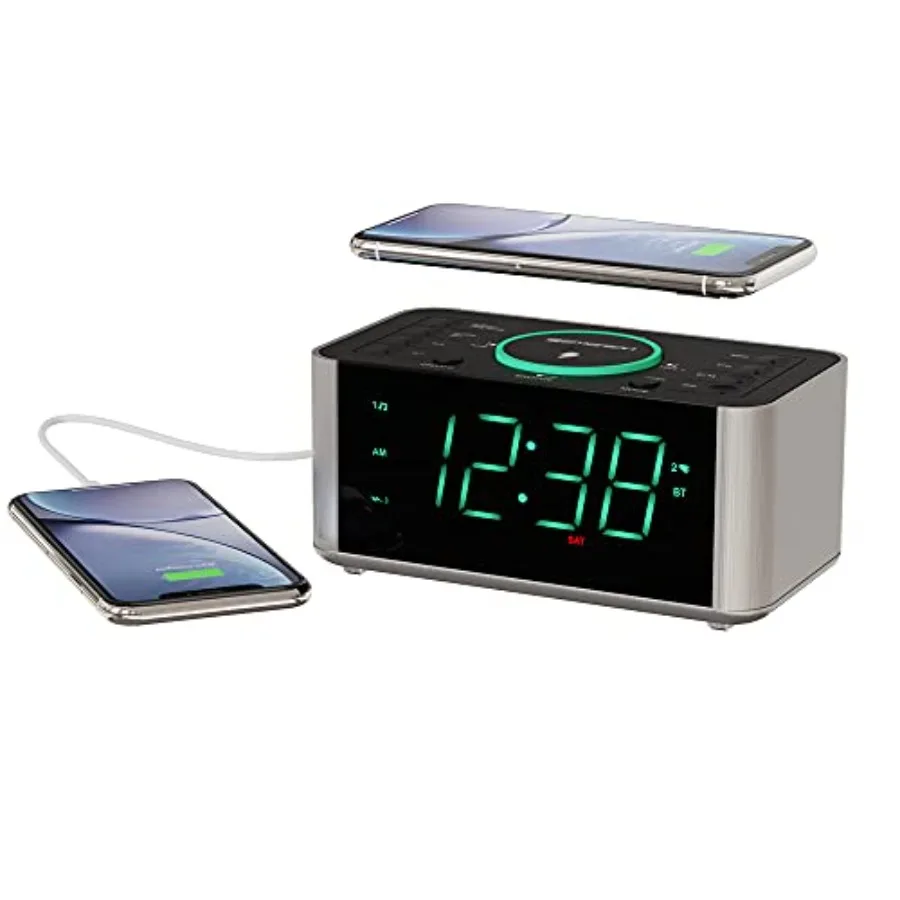 

Smartset Dual Alarm Clock Radio with USB Port and QI Wireless Phone Charger with Bluetooth, All Qi Compatible Phones