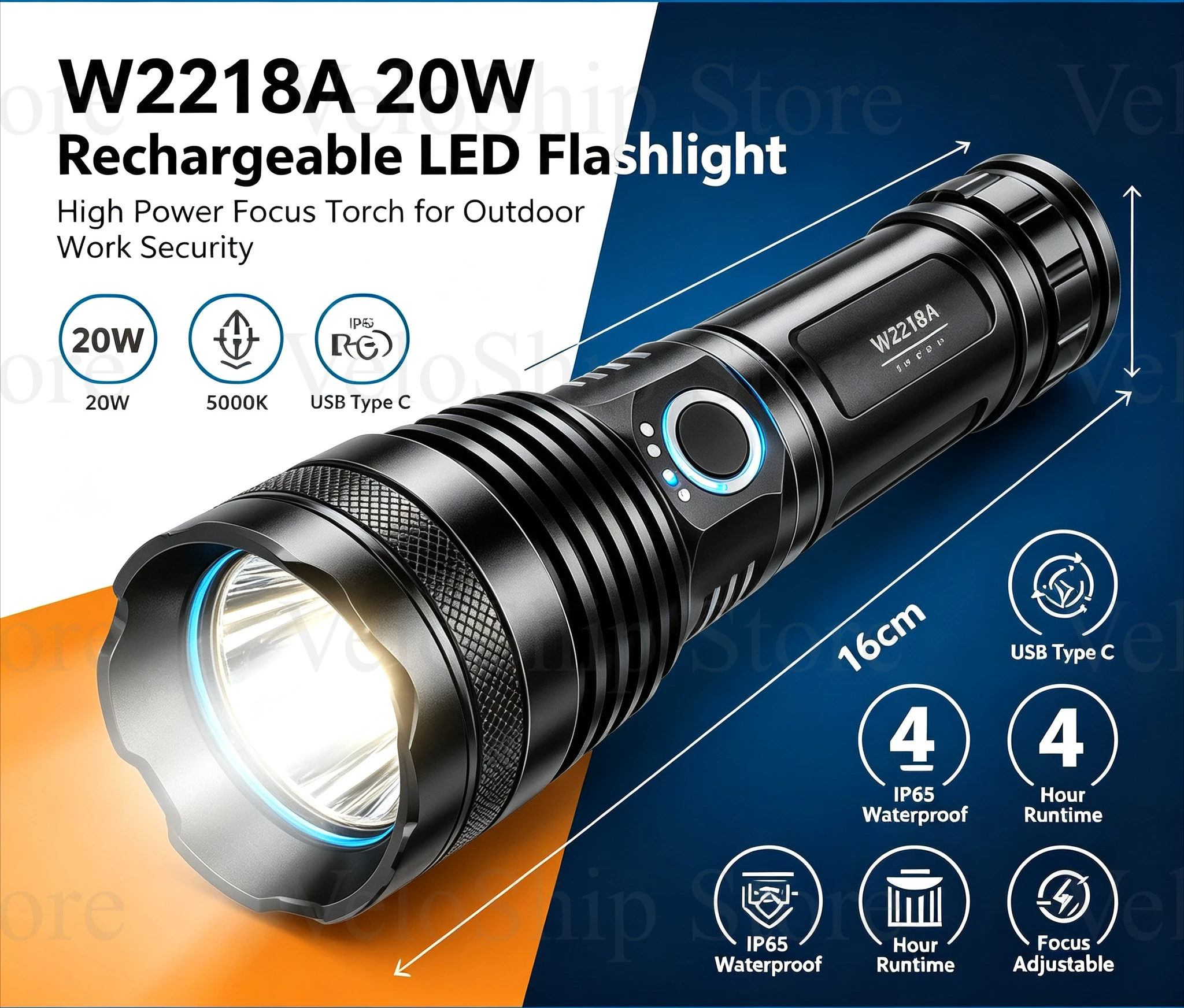 Torcia LED ricaricabile tramite USB di tipo C, con zoom regolabile, impermeabile IP65, 5000K, super luminosa, ideale per campeggio, escursioni, attività all’aperto, situazioni di emergenza e lavori.