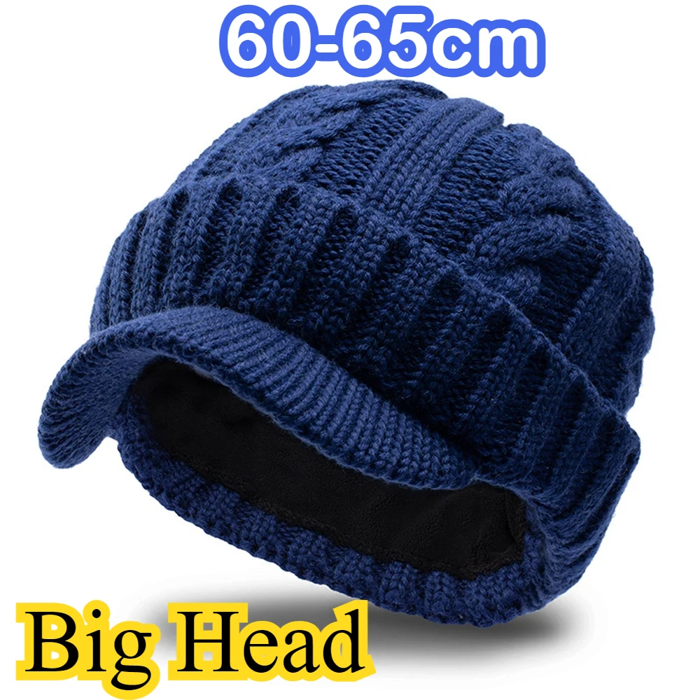 Big Head Men Winter Outdoors Oversize Knitted Hat Women Thick Fleece lining Warm Woolly Hats Dad Short Peak Large Baseball Cap