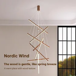 Modern  Wood Grain Pendant lamp  LED Line Light Chandelier duplex building room decor highrise Living room long line Light