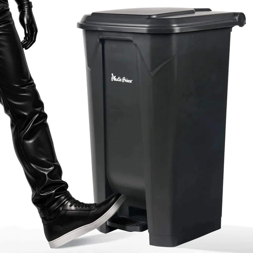 

Hands-Free 27 Gallon Black Plastic Trash Bin with Step-On Lid and Pedal for Easy Waste Disposal