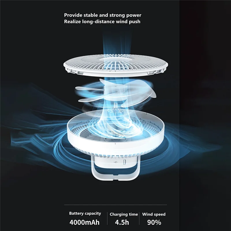 Ventilador enfriador de aire para acampar al aire libre con lámpara LED, Control remoto, Ventilador de techo recargable por USB, Ventilador de pared de 3 engranajes, negro