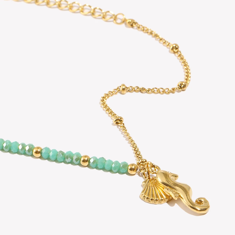 E.B.belle-pulsera con colgante de caballito de mar con cuentas de Color verde, chapado en oro de 18 quilates, joyería elegante de playa de verano de acero inoxidable