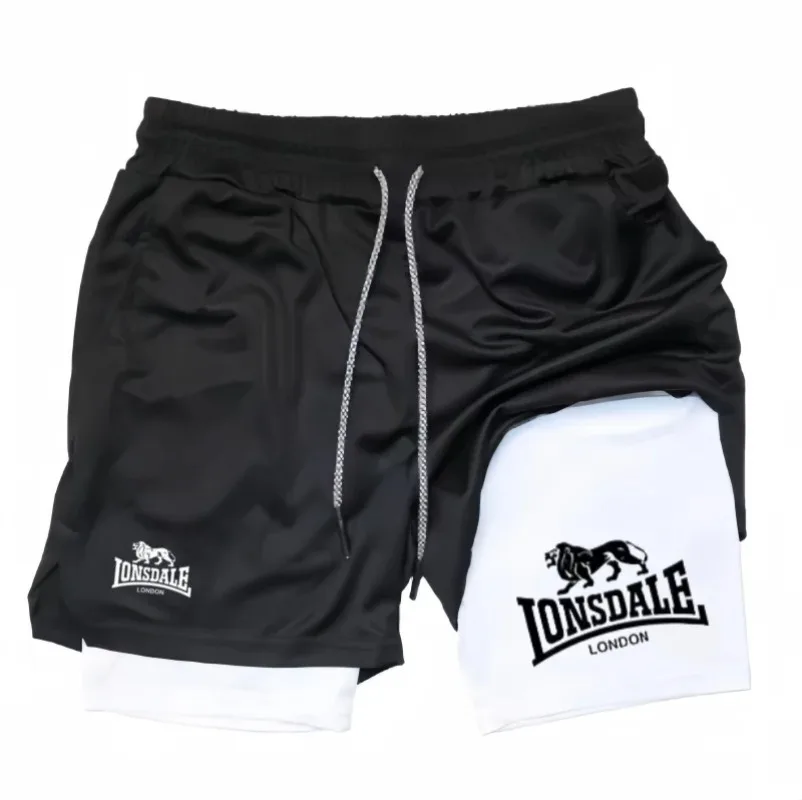Print 2in1 Running Shorts for Men Gym Workout Compression with Phone Pocket Towel Loop Summer Sport Athletic Activewear