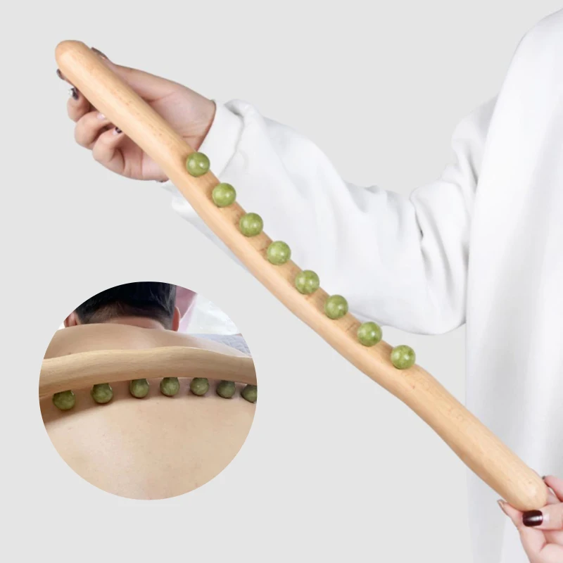 

8 Jade Beads Scraping Massage Stick Back Neck Meridian Dredging Body Scraping Scraping Scraping Treatment Wooden Massage Tool