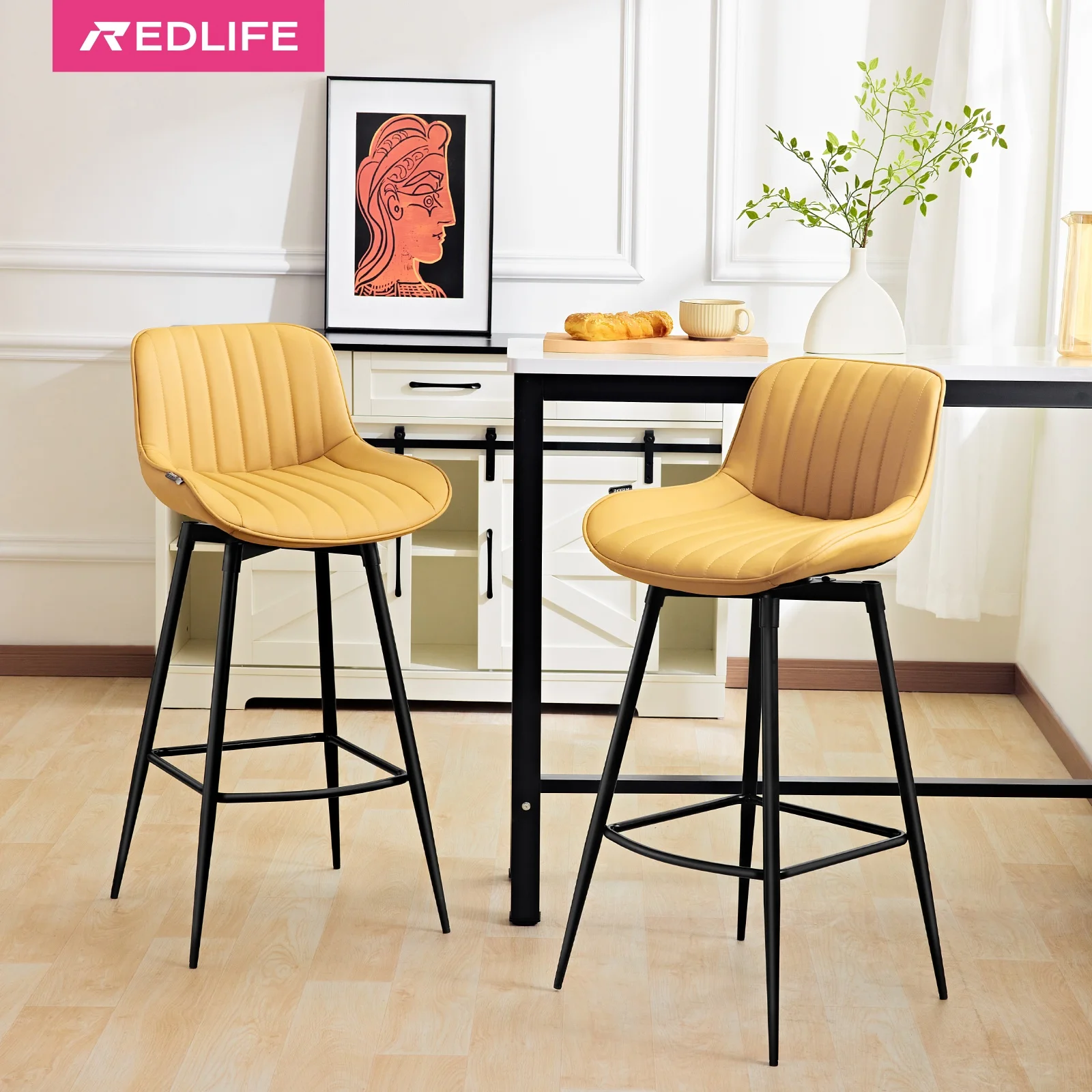 Redlife Swivel Bar Stools Set of 2, Counter Height Bar Chairs Faux Leather Counter Stools for Kitchen Counter Island Dining Room