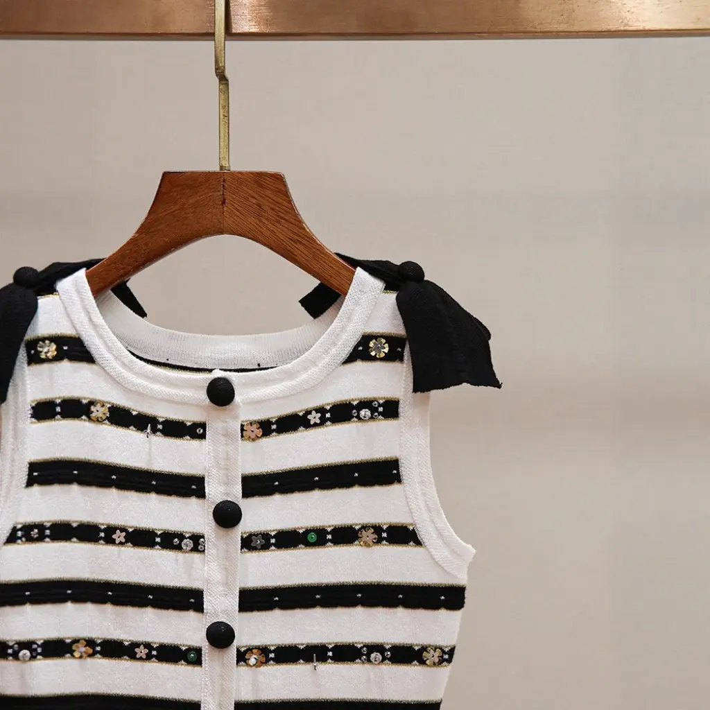 

Classy Women's Summer Cardigan Knitwear Sweet Contrasting Color Beaded Embroidered Bow Stripesd Shenzhen Nanyou New